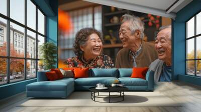 Conversation in the living room with old senior Asian friends who are retired and happy. Wall mural