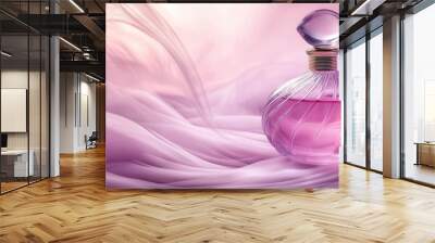 Elegant perfume container made of glass or crystal with a pink-purple background of smoke waves Wall mural