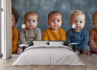 Isolated on a grey background, a row of multiethnic babies sit side by side, staring away. Wall mural