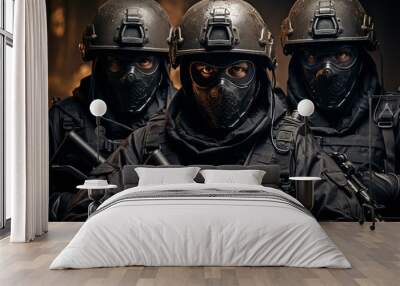 Law and order protection concept, an armed special forces group, and an antiterrorism swat team. Wall mural