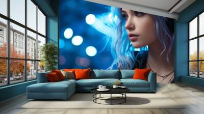 Looking at a futuristic, cybernetic city with neon lights in a stylish young cosplay model's portrait,. Wall mural