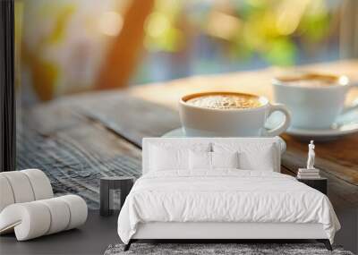 morning coffee, two espresso cups on a wooden table in a cafe or coffee shop. Wall mural