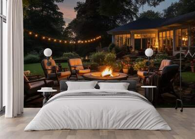 On a late summer or fall night, there is an outdoor fire pit in the rear with space for lawn chairs.. Wall mural