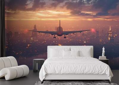 Overlooking the panoramic metropolis at dusk, an aeroplane takes off. Wall mural