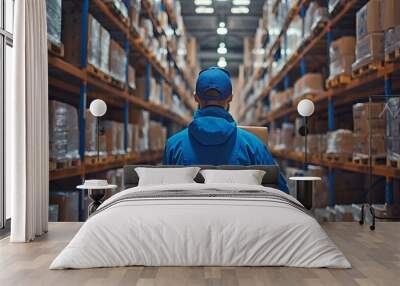 Package being carried by a blue-uniformed warehouse worker to a customer's shoulder. Storage of pharmaceuticals in a medical manufacturing facility Wall mural