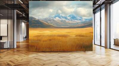 panoramic picture of a foggy day overlooking a valley with yellow harsh grass and a mountain range in the distance. Wall mural