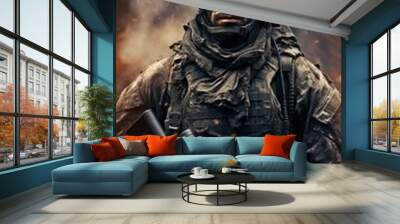 soldier or army silhouetted in smoke, dust, and wearing an overcoat while holding a weapon. Wall mural