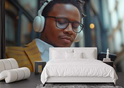 Stylish Afro-American businessman with headphones and casual attire is using a smartphone to listen to music. Wall mural