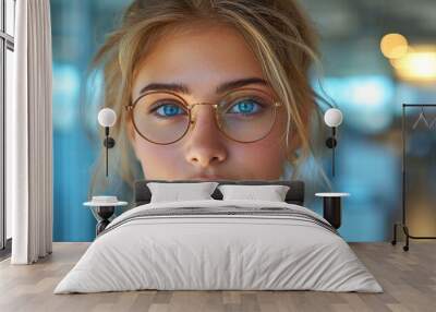 This young woman is trying on spectacles in an optical store. Wall mural