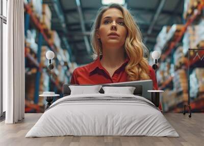 Using a digital tablet as part of an intelligent warehouse management system, a supervisor or female employee checks the stock inventory. Wall mural