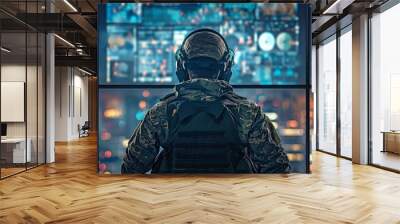 Using a tracking system, a military surveillance officer oversees communications between the army and national security from a central office centre. Wall mural