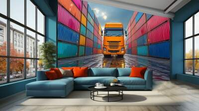 Using a truck and forklift, stack of containers Wall mural