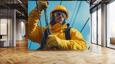 Wearing rubber gloves and flame-resistant clothes as protective gear, linemen work on telephone lines. Wall mural