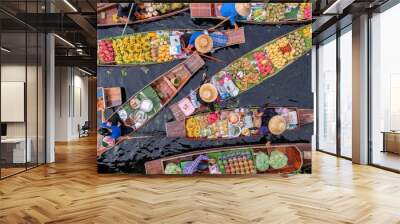 Ayutthaya Bangkok Thailand traditional holiday floating market visitor shop on river selling farmer food and fruit vegetable colorful flowers and clothes on the wooden boat in the morning
 Wall mural