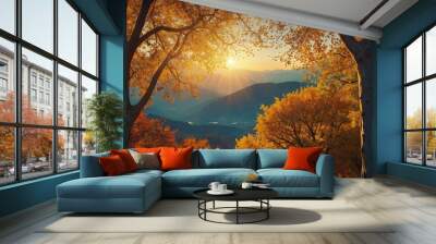 Autumn trees with sunny sky with mountain landscape Wall mural