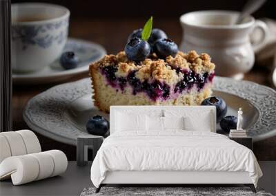 Blueberry coffee crumb cake with fresh blueberries and a simple background Wall mural