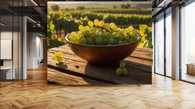 Green grapes in a wooden bowl on a rustic wood table with a sunlit grape vineyard field background Wall mural