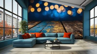 Rustic wood boards with blue and gold bokeh glitter lights circles background Wall mural