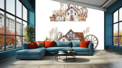 Watercolor illustration of a half-timbered house in field herbs and pumpkins. Hand drawn medieval rural houses and isolated on white background. Wall mural