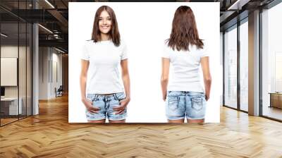 White t-shirt on a young woman template Wall mural