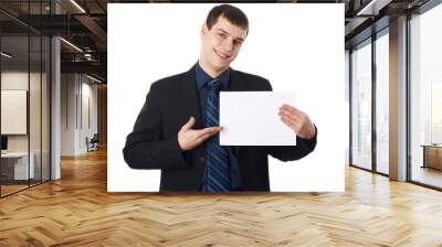 young businessman holding blank board, isolated on white backgro Wall mural