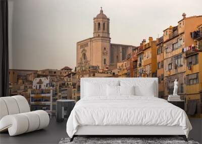 Panorama of Gerona and Cathedral, Costa Brava, Catalonia, Spain. Wall mural