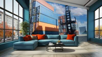 Containers in the port, Shipping & Transportation concept and discharging containers services in maritime transports in World wide logistics Wall mural