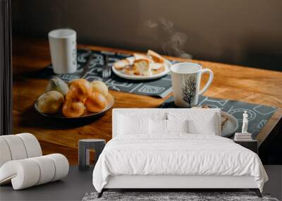 Breakfast setting for two people - Coffee, Tea, Breads and fruits. Wall mural