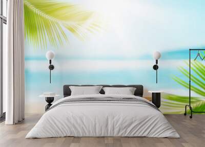 3d podium on yellow color and tropical beach with blue sky white clouds and palm leaves abstract background. Copy space of product presentation and summer nature concept. Wall mural