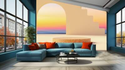 3d podium with copy space for product display presentation on palm beach abstract background. Tropical summer and vacation concept. Wall mural