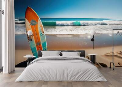 Beautiful surfboard on the beach background. Sport and nature concept. Generative AI Wall mural