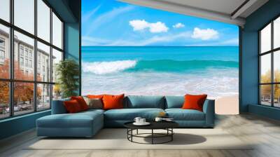 Beautiful tropical beach with blue sky and white clouds abstract texture background. Copy space of summer vacation and holiday business travel concept. Wall mural