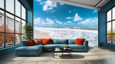 Beautiful tropical beach with blue sky and white clouds abstract texture background. Copy space of summer vacation and holiday business travel concept. Wall mural