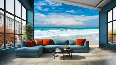 Beautiful tropical beach with blue sky and white clouds abstract texture background. Copy space of summer vacation and holiday business travel concept. Wall mural