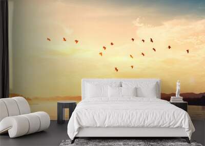 Birds flying over river on sunset sky and clouds abstract background. Wall mural