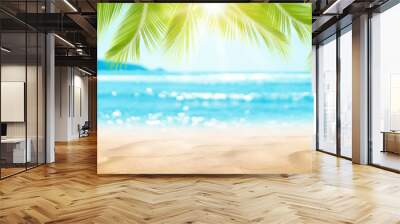 Blur beautiful nature green palm leaf on tropical beach with bokeh sun light wave abstract background. Wall mural