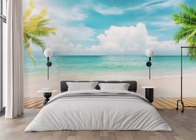 Blur tropical beach with bokeh sun light wave and palm tree on empty old wood table abstract background. Wall mural