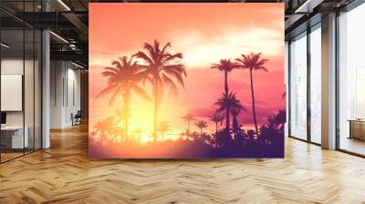 Copy space of tropical palm tree with sun light on sky background. Wall mural