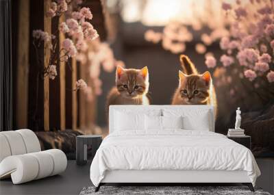 Couple baby cute cats walk at cherry blossom garden abstract background. Animal and nature concept. Generative ai Wall mural