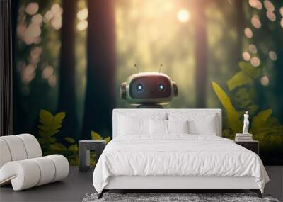 Cute little robot in the jungle with bokeh nature sunlight background. Generative AI Wall mural