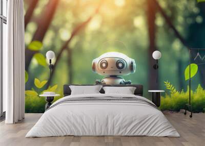 Cute little robot in the jungle with bokeh nature sunlight background. Generative AI Wall mural