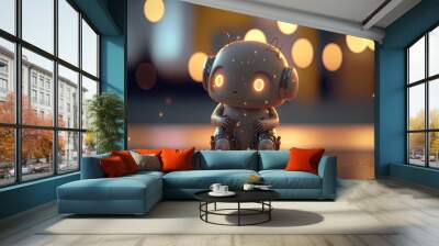 Cute robot with bokeh background. Technology concept. Generative AI Wall mural