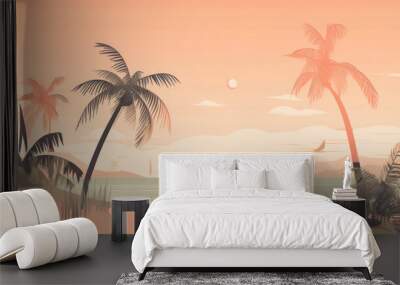 Drawing minimal tropical beach background. Retro tone color style. Summer holiday and travel vacation concept. Generative ai. Wall mural