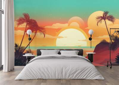 Drawing minimal tropical beach background. Retro tone color style. Summer holiday and travel vacation concept. Generative ai. Wall mural