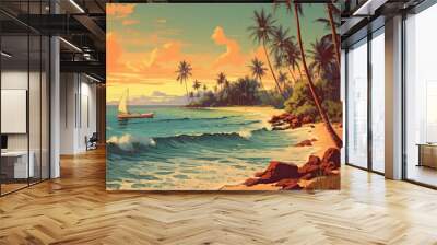 Drawing retro tropical beach summer background. Graphic illustration design. Generative ai. Wall mural