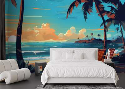 Drawing tropical beach summer background. Graphic illustration design. Generative ai. Wall mural