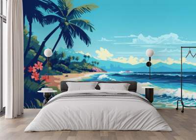 Drawing tropical beach summer background. Graphic illustration design. Generative ai. Wall mural