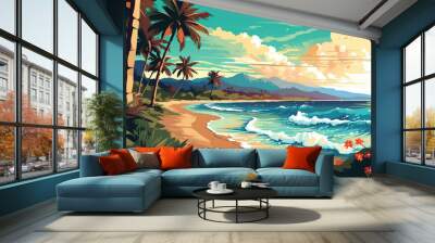 Drawing tropical beach summer background. Graphic illustration design. Generative ai. Wall mural