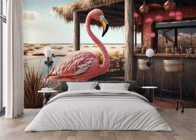 Flamingo and beach bar background. Travel vacation and summer concept. Generative AI Wall mural