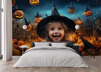 halloween concept .happy kid at halloween party night background. generative ai. Wall mural